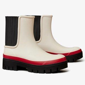 TORY BURCH Foul Weather Ankle Rain Boots in New Ivory / Perfect Black